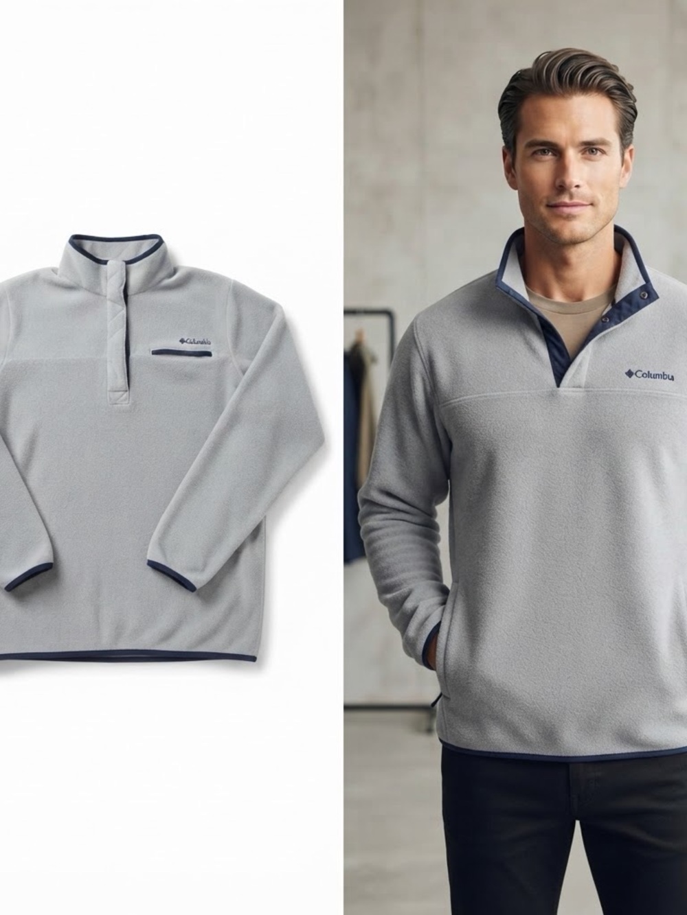 Columbia Light Gray Fleece Quarter-Zip with Navy Trim Large